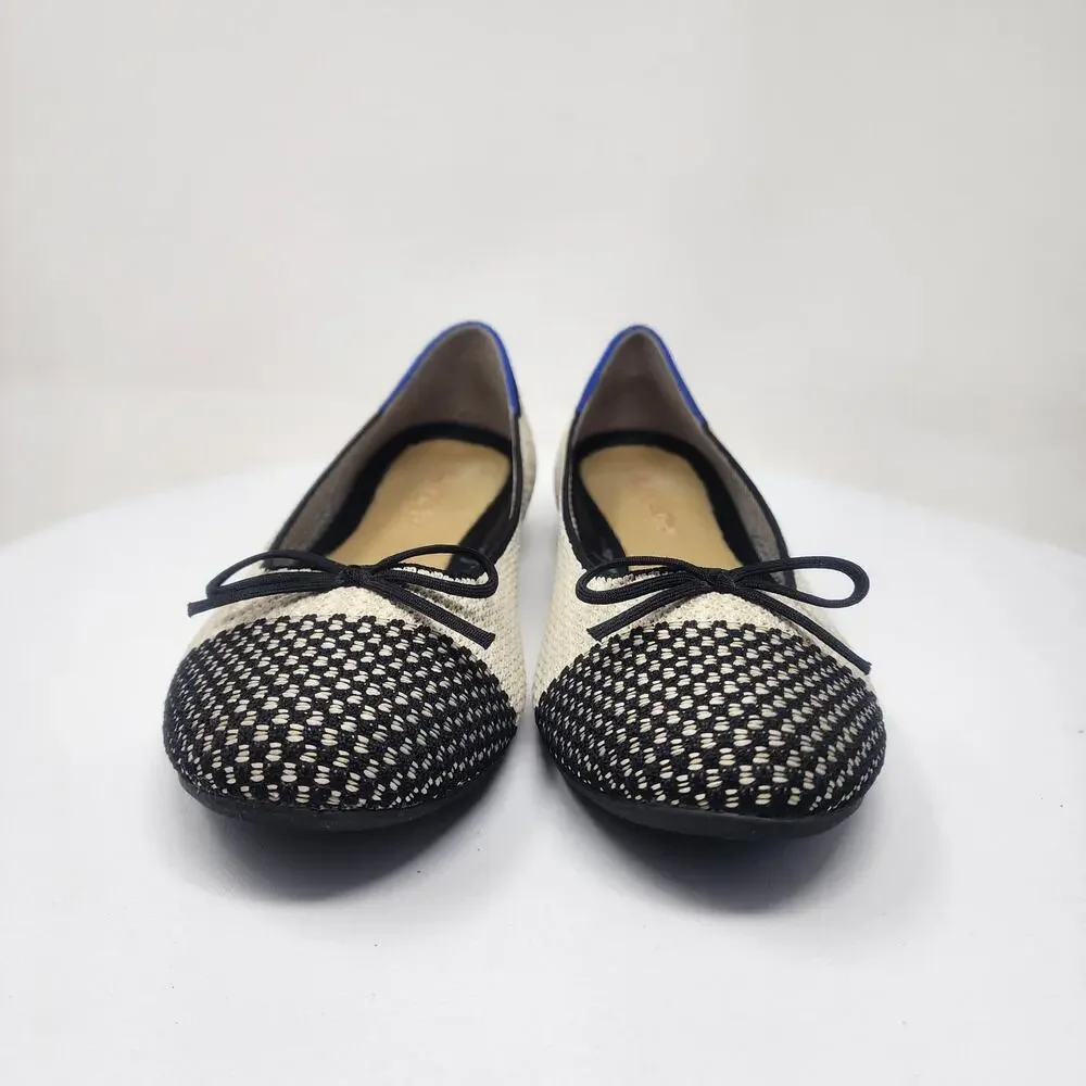 ROTHY'S Coco Ballet Flats Women 8.5 Cream & Black Round Cap Toe with Bow